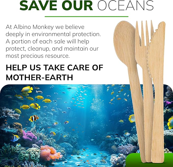 Wooden Cutlery Set - 100 Pcs Disposable Bamboo Forks, Spoons, Knives - Compostable 100% Natural Bamboo Utensils for Parties, Picnics, Camping, Weddings - Eco-Conscious Dining Supplies