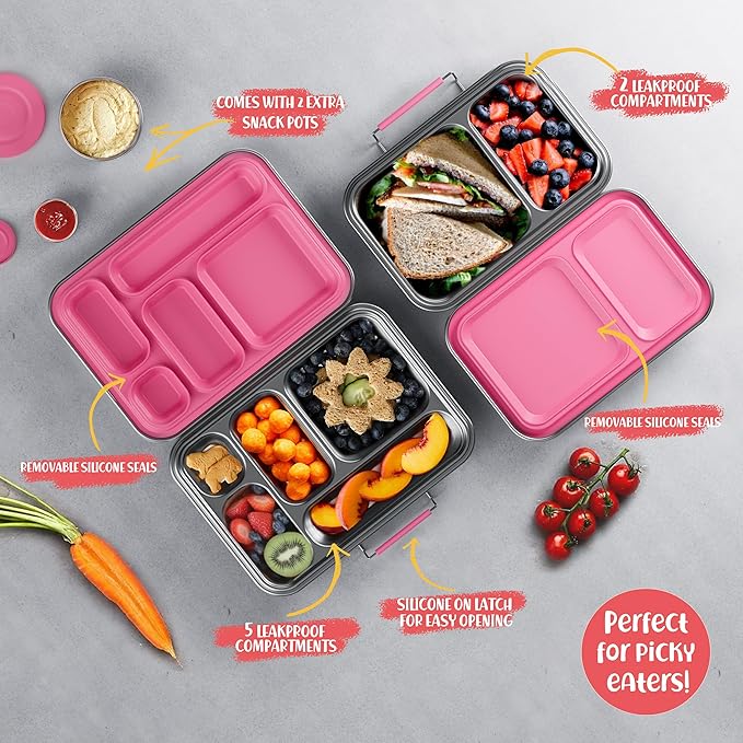 Stainless Steel Lunch Box for Kids, Leak Proof Bento Lunch Box BPA Free 304 Stainless Steel Bento Box Stainless Bento Box with Containers for School and Office(Pink)