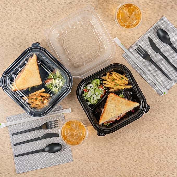 Restaurantware Thermo Tek 34 Ounce Clamshell Containers, 100 Disposable Take Out Boxes - 3 Compartments, Ventilated Lids, Black Plastic Meal Prep Containers, Microwavable, For Pasta Or Salads