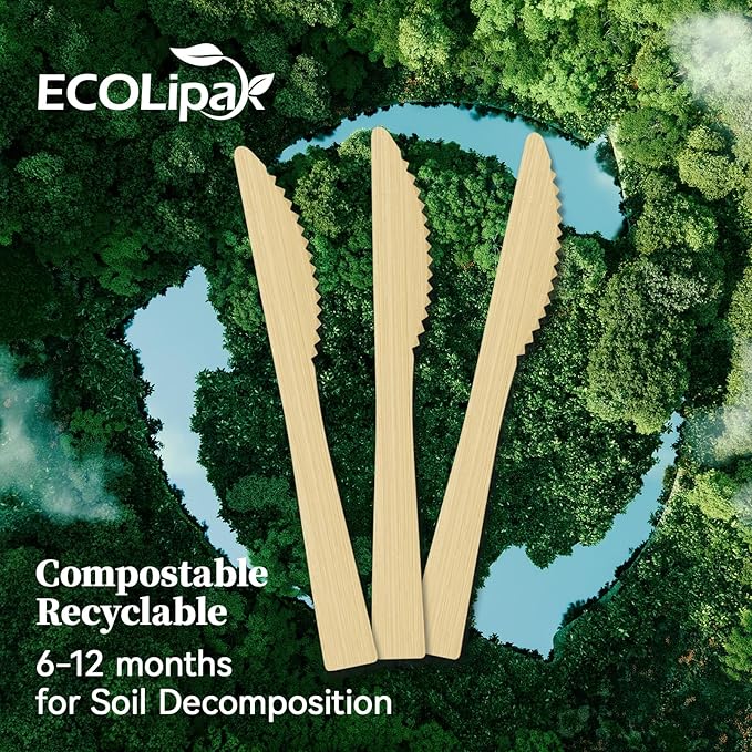 ECOLipak 300 Count Disposable Bamboo Knives, 6.7 Inch Bamboo Compostable Disposable Knives for Party, Wedding, Camping, Traveling, Family Dinners, Large Events