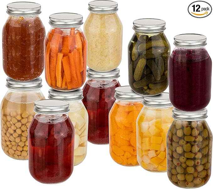 12 Pack of 32oz Mayo Style Glass Mason Jars and Metal Leak Proof Lids for Pickling, Fermenting, Canning and Storing. Containers for Pickles, Kombucha, Preserves, Sauces, Kefir, Fruits,