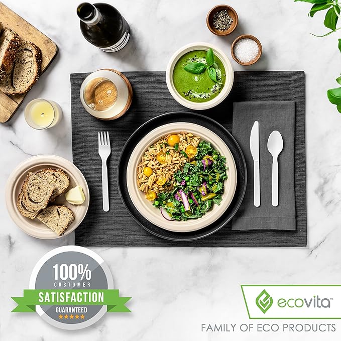 100% Compostable Spoons - 140 Large Disposable Utensils (6.3 in.) Eco Friendly Durable and Heat Resistant Alternative to Plastic Spoons with Convenient Tray