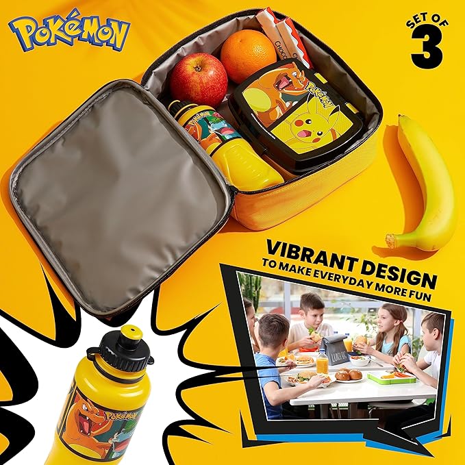 Pokemon Kids Insulated Lunch Bag, Lunch Box and Water Bottle, 3 Piece Set (Yellow)