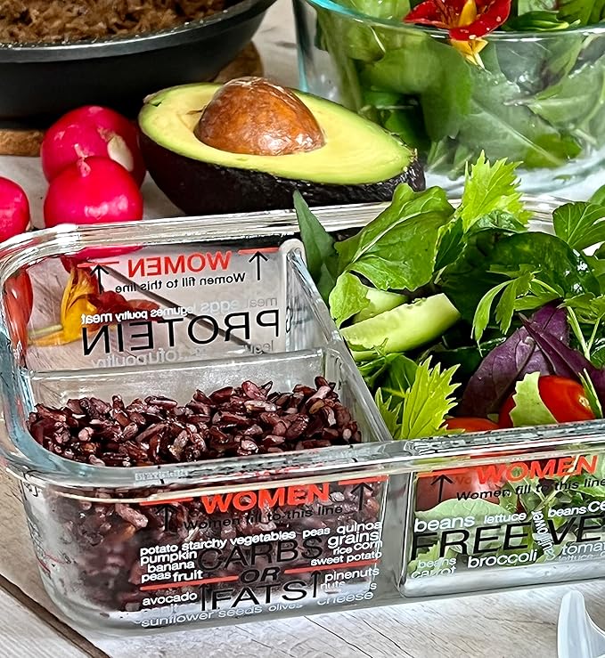 Portion Perfection Portion Control Container - Glass Meal Prep Containers Reusable for Food/Lunchpack 3pk plus 4 Piece Stackable Snack Container | To Go Containers with Lids for Weight Control