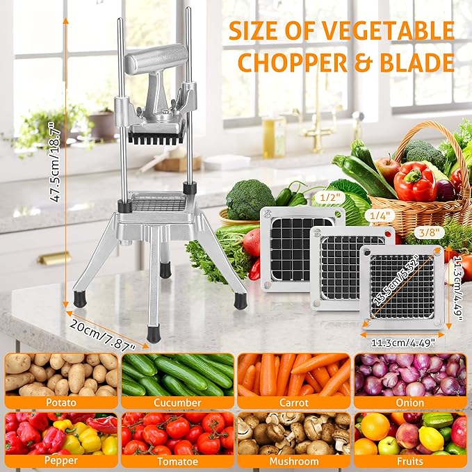 WICHEMI Commercial Vegetable Chopper Dicer w/3 Replacement Blades Onion Chopper Dicer Commercial Heavy Duty Vegetable Fruit Chopper Stainless Steel French Fry Cutter for Home Kitchen & Restaurant Use