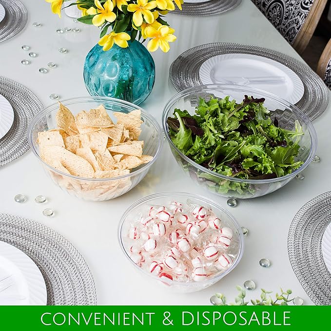 PLASTICPRO Disposable 96 Ounce Round Crystal Clear Plastic Serving Bowls With Lids, Party Snack or Salad Bowl, Chip Bowls, Snack Bowls, Candy Dish, Salad Container Pack of 8
