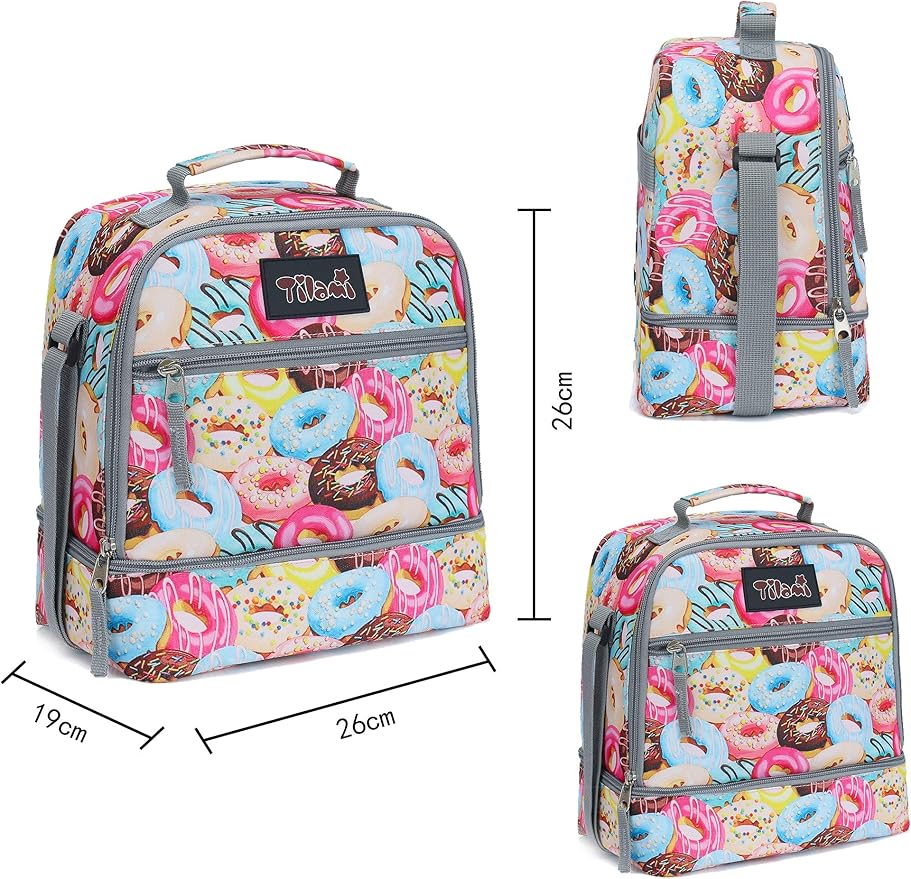 Tilami Lunch Bags Insulated Adjustable Strap Zipper, Two Compartments Cooler Bags, Bento Bags for Kids Toddlers, Doughnut