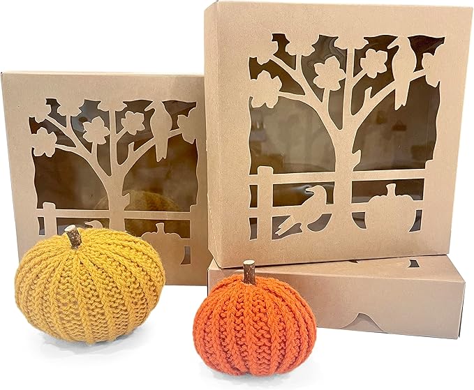Kraft Pie Box With Window - Fall Thanksgiving Holiday 10" X 10" X 2" Bakery Boxes for 9 Inch Pies and Cookies - Natural Paper Box SET OF TEN - Timesaver Assembly