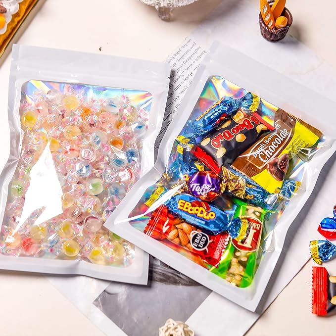 100 Pcs Reusable White Aluminium Foil & Polyethylene Holographic Bags with Clear Window & Self Seal Closure, 5.5x8Inch, Smell Proof & Leak Resistant Food Storage & Packaging Bags