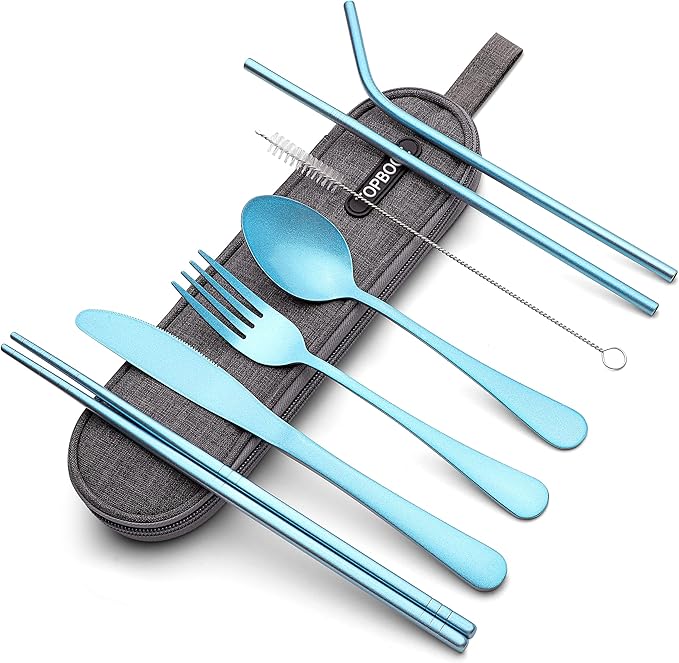 Portable Stainless Steel Flatware Set, Travel Camping Cutlery Set, Portable Utensil Travel Silverware Dinnerware Set with a Waterproof Case (Light Blue)