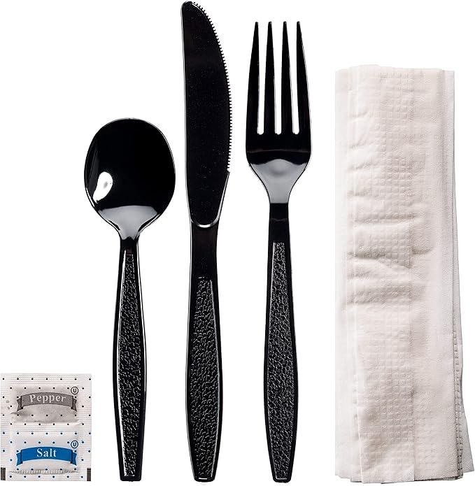 Biodegradable EcoPure 6-in-1 Heavyweight Cutlery/Utensil Packs - 500 Packs - Contains: Fork, Knife, Spoon, Napkin, Salt, Pepper - Individually Wrapped - Earth-Friendly, Heavy Duty