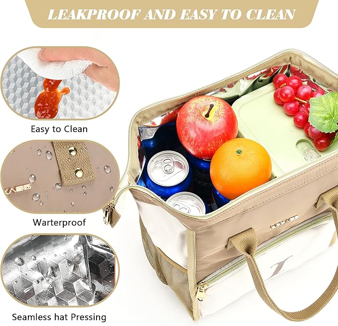 Personalized Lunch Box for Women, Reusable Insulated Lunch Bag, Wide-Open Adult Lunchbox Cooler Lunchbag Snack Organizer, Initial Leakproof Lunch Tote Bag for Picnic Work Outdoors, Q