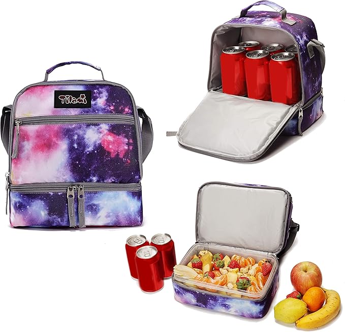 Tilami Lunch Bags Insulated Adjustable Strap Zipper, Two Compartments Cooler Bags, Bento Bags for Kids Toddlers (Purple)