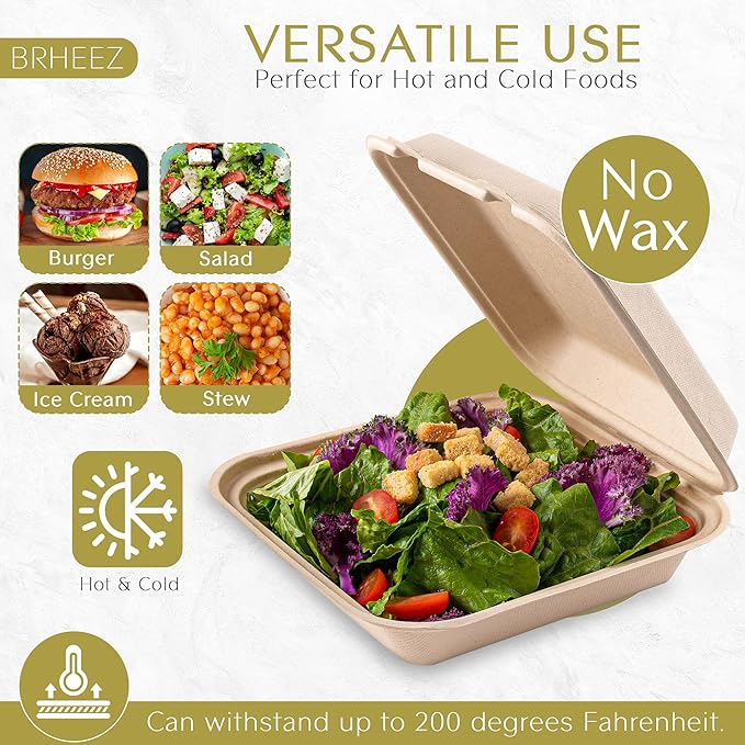 brheez Disposable Clamshell To-Go Containers – Bagasse Fiber Biodegradable Containers with Lids for Takeout, Parties, & Holidays – Pack of 50 Chemical-Free, 1-Compartment Boxes, 8"x8", Natural