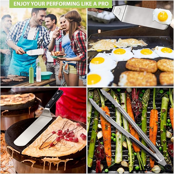 Metal Spatula Set - Griddle Accessories kit - Grill Flat Spatula Pancake Flipper Hamburger Turner - Metal Utensil great for BBQ Grill Flat Top - Cast Iron Griddle Accessories - Commercial Grade