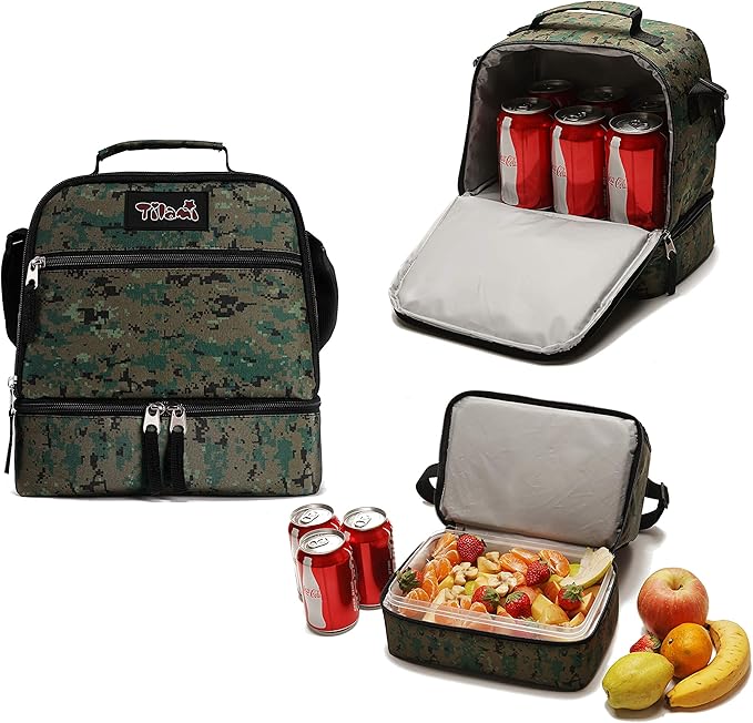 Tilami Lunch Bags Insulated Adjustable Strap Zipper, Two Compartments Cooler Bags, Bento Bags for Kids Toddlers (Camouflage)