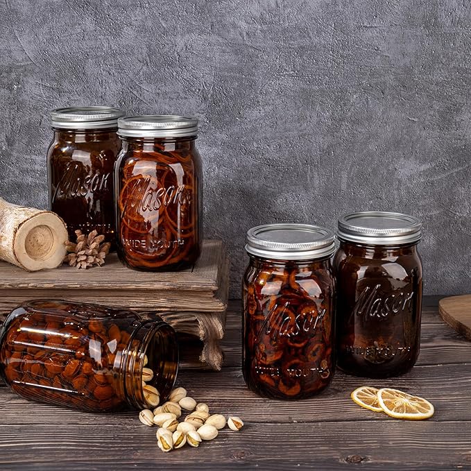 WELLIFE Amber Mason Jars, 9 Pack wide mouth mason jars for Pickling, Canning, Fermenting and Food Storage, Microwave & Dishwasher Safe