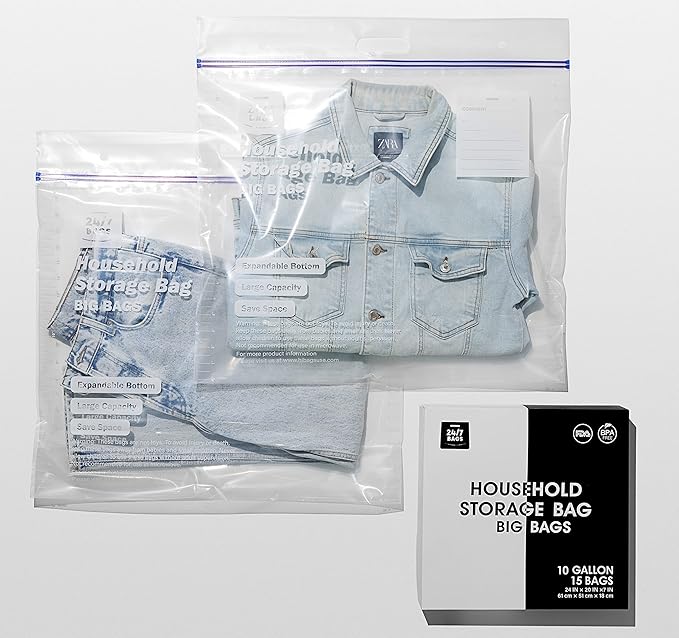 15 XX-Large Plastic Storage Bags, 10 Gallons, Zero BPA, Double Zipper Seal, 3 Mils Thick, Double Layer Carry Handle, 24"x20"x7", Moving, Seasonal, Travel