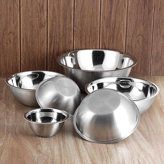 Vinod Cookware Stainless Steel Mixing Bowls - Stackable Mixing Bowl Set - Heavy Duty Flat Bottom Stainless Steel Bowls for Meal Prep, Cooking, Mixing & Serve - Space Saving & Easy Clean - Set of 6