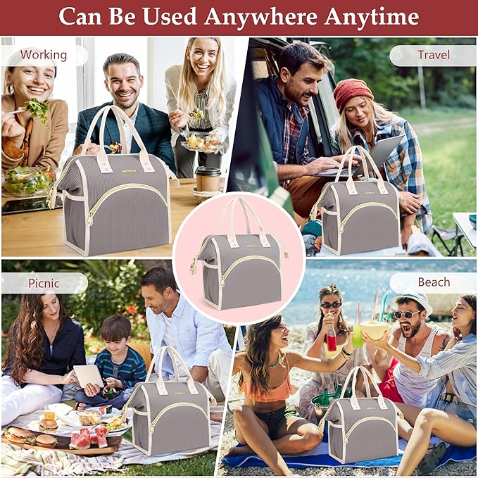 LOKASS Lunch Bag Women Insulated Lunch Box Wide-Open Lunch Tote Bag Large Cooler Bag for Work Picnic Hiking Beach(Dark Gray)