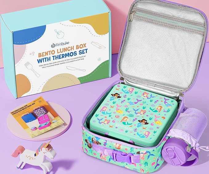 Fimibuke Bento Box for Kids Adult - Leakproof 3-4 Compartments Lunch Bento Box Set with Insulated Thermos Food Jar, Water Bottle, Lunch Bag, Sauce Cup & Cutlery for Toddler Teen Shcool Girl Boy Age 3+