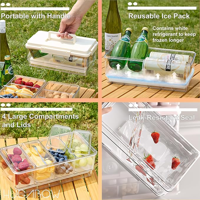 Portable Snackle Box Container with Ice Pack, Cooling Travel Charcuterie Box with Lid, Snack Cooler with Divided Serving Tray, for Outdoor Parties, Picinics (White)