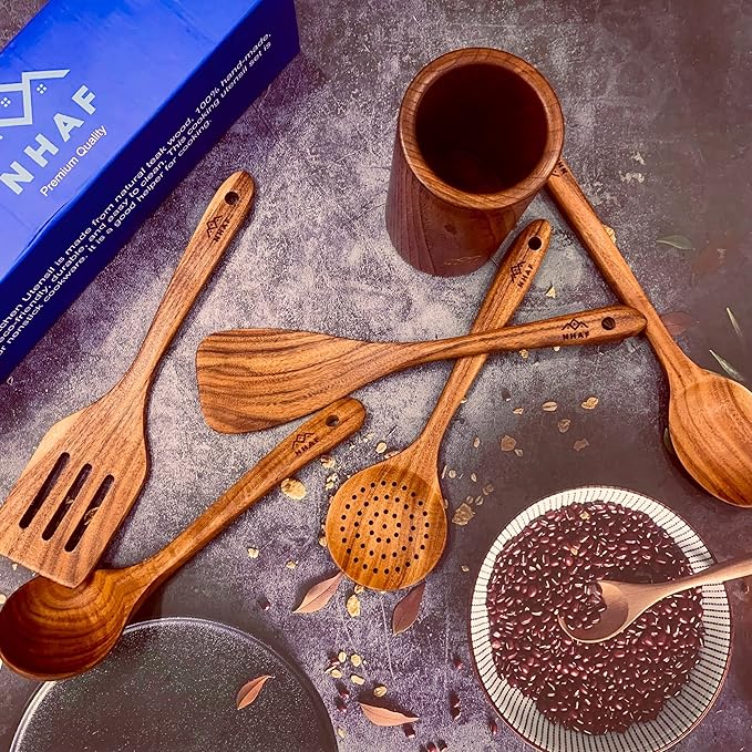 Premium Teak Healthy Spoons, Durable Eco-friendly Spatula, Wooden Utensils Set with Holder & Canvas Bag, Wooden Cooking Gifts for Mom