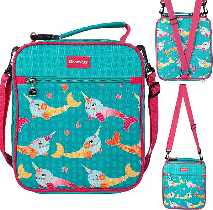 Bentology Convertible Soft Blue Narwhal Insulated Durable Lunch Bag For Kids-Zippered Outer Pocket-Adjustable Straps Convert to Backpack, Shoulder Bag or Lunch Box- Back To School & Travel