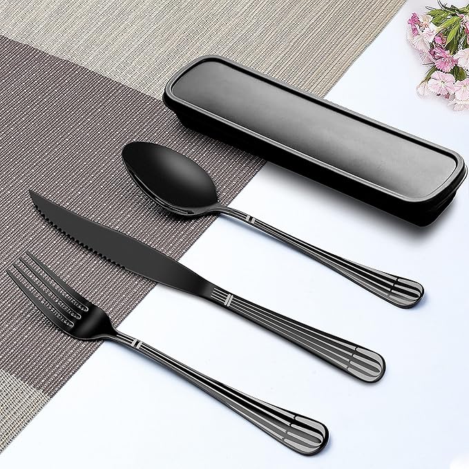 Portable Utensils Set With Case - 18/8 Stainless Steel Spoon and Fork Set for Travel, Camping, Office, Lunch Box - 3 PCs Steak Knife Included - Dishwasher Safe