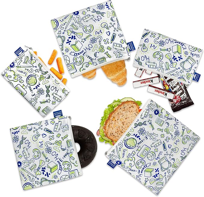 Nordic By Nature Reusable Sandwich Bag Snack Bags - Value Pack of 5 Dual Layer Lunch Baggies - Dishwasher Safe - Eco Friendly Cloth Wraps - Easy Open Zipper (Back to School)