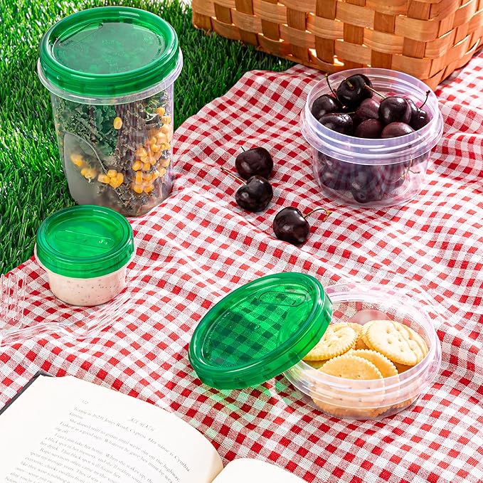 PLASTICPRO 24 Pack Twist Top Containers Assorted Sizes Plastic Food Storage Containers with Green Twist on Lids Stackable Reusable