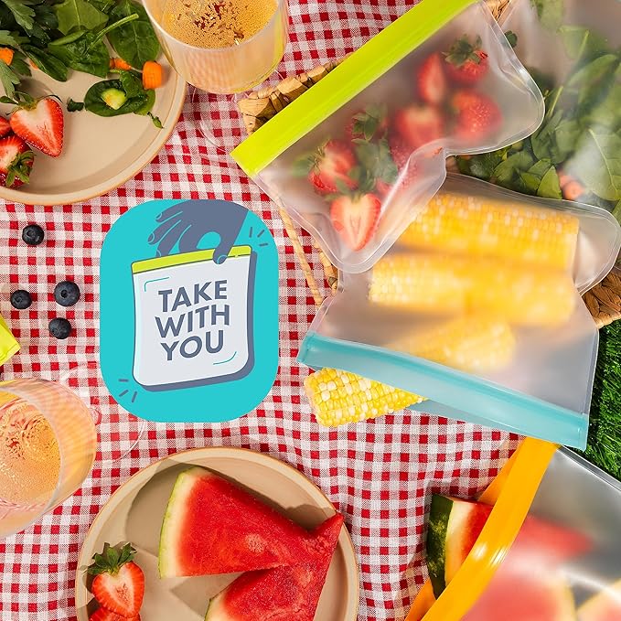 10 Pack Dishwasher Safe Reusable Food Storage Bags - Extra Thick Leakproof Silicone Freezer Bags, Reusable Lunch Bag for Salad Fruit Travel - 2 Gallon, 4 Sandwich, and 4 Snack Bags