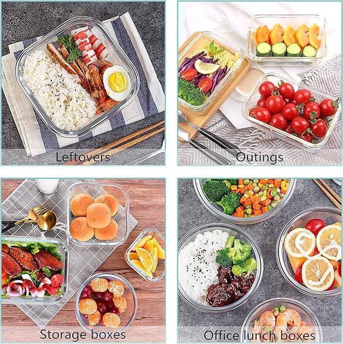 elabo 24-Piece Glass Food Storage Containers Set with Lids - Airtight Leak Proof Glass Meal Prep Containers, BPA Free Bento Lunch Boxes, Freezer/Oven/Dishwasher Safe(12 Lids & 12 Containers)