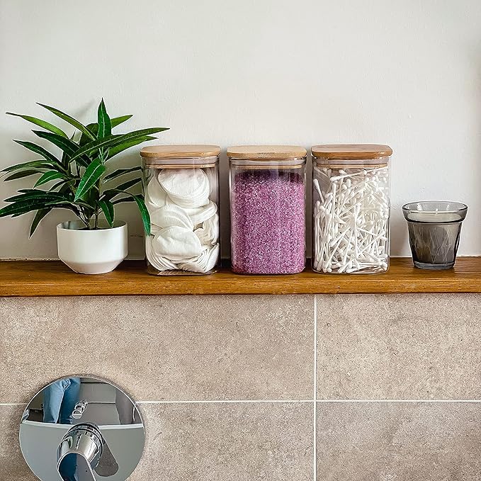 Kitchen Storage Jars 34oz - Set of 3 Bamboo Lid Storage Containers - Square Glass Food Storage Jars - Airtight Glass Pantry Storage
