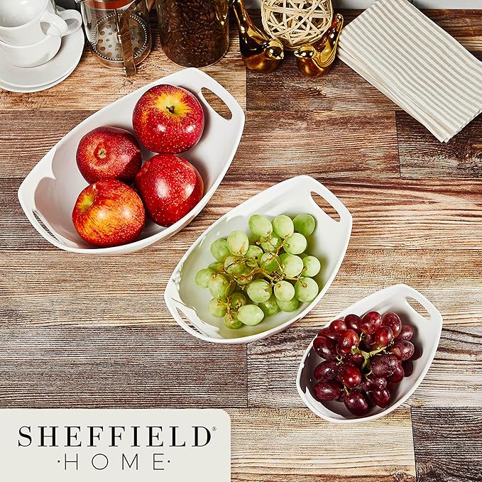 3 Piece Large Serving Bowls with Handle - 15, 28 & 39Oz Microwave and Dishwasher Safe Stoneware Fruit Bowl - Stylish Ceramic Bowls for Kitchen, Dinner Parties, Salad & Side Dishes (White)