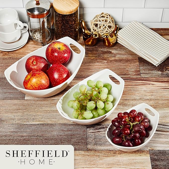 3 Piece Large Serving Bowls with Handle - 15, 28 & 39Oz Microwave and Dishwasher Safe Stoneware Fruit Bowl - Stylish Ceramic Bowls for Kitchen, Dinner Parties, Salad & Side Dishes (White)