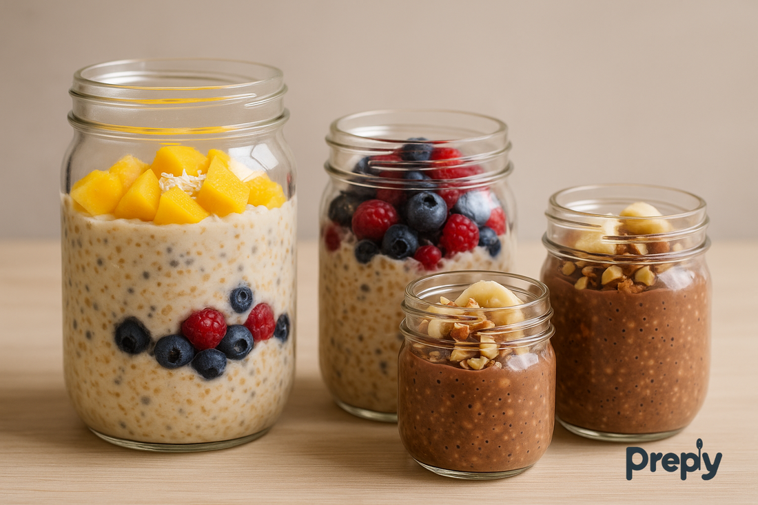 Assorted overnight oats displayed in glass jars of various sizes, filled with tropical mango, mixed berries, and chocolate banana flavors on a wooden surface.