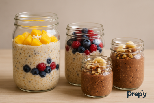 Assorted overnight oats displayed in glass jars of various sizes, filled with tropical mango, mixed berries, and chocolate banana flavors on a wooden surface.