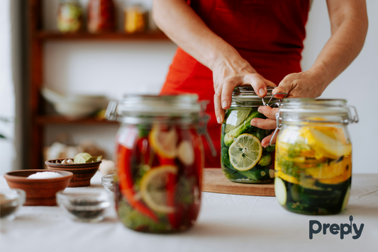 Hands closing glass jars filled with colorful pickled vegetables like cucumbers, lemons, and peppers on a kitchen table — showcasing meal prep in reusable containers from Preply.