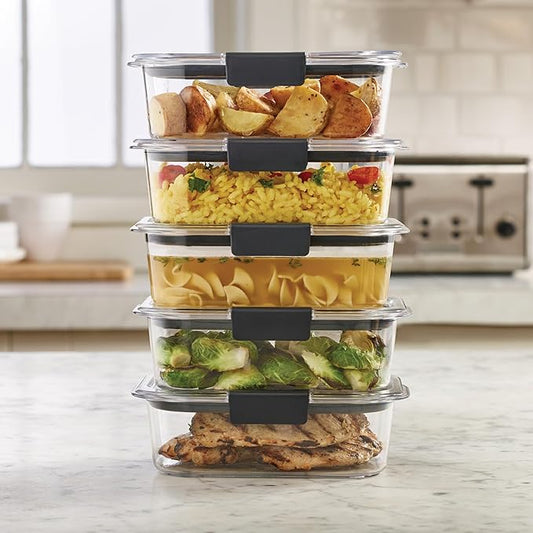 Preply BPA free airtight meal prep containers with healthy food portions stacked for productivity and time management