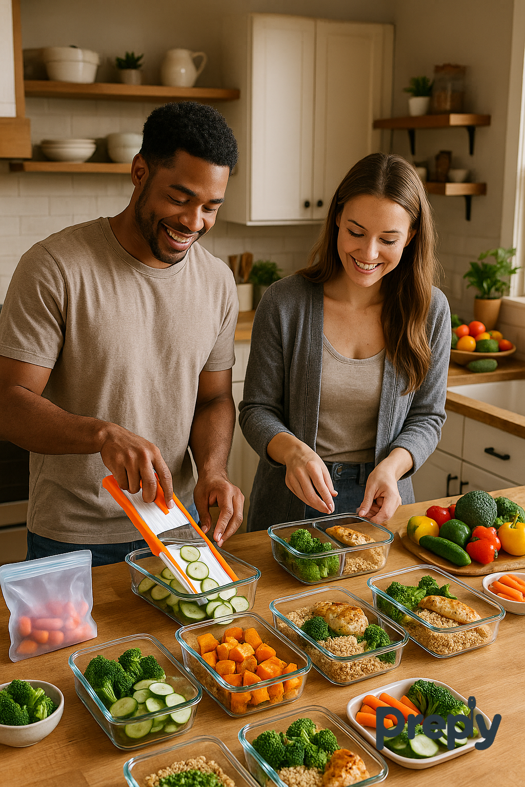 Young couple meal prepping in a modern American kitchen with glass containers, fresh vegetables, and slicing tools—promoting healthy eating and time-saving habits with Preply.