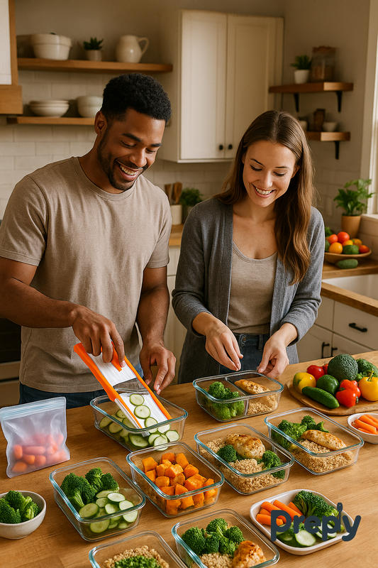 Young couple meal prepping in a modern American kitchen with glass containers, fresh vegetables, and slicing tools—promoting healthy eating and time-saving habits with Preply.
