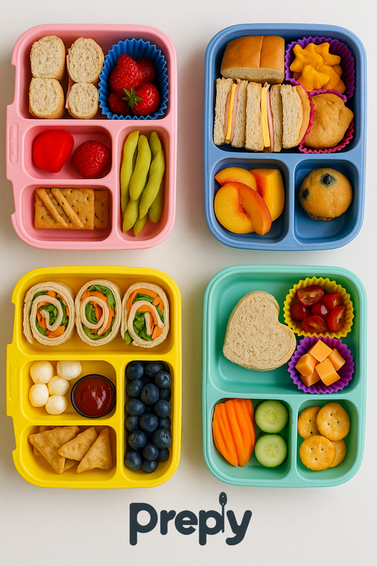 Back to school lunch prep with colorful bento lunch box filled with fruits, veggies, and sandwiches on a bright kitchen table, stress-free school morning setup