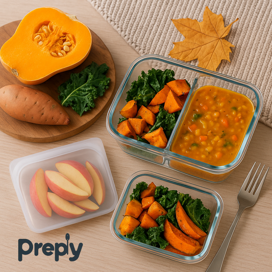 Cozy fall meal prep with glass containers of soup and roasted vegetables, reusable silicone bags with fresh snacks, and autumn produce on a wooden table – Preply kitchen essentials