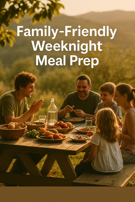 Family enjoying weeknight meal prep dinner outdoors at sunset with Preply healthy food containers