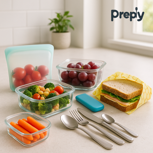 Low-waste lunch kit with reusable glass containers, silicone snack bag filled with cherry tomatoes, beeswax-wrapped sandwich, fresh grapes, carrots, broccoli, and stainless steel cutlery on a bright kitchen counter — Preply