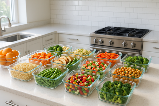 Smart meal prep containers 2025 neatly arranged on a modern kitchen counter, filled with colorful healthy food in transparent glass containers under bright natural light