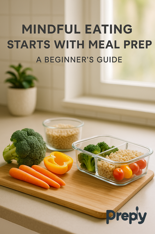 Mindful eating beginner meal prep with fresh vegetables and glass containers on a bright kitchen counter, stress-free and organized cooking setup