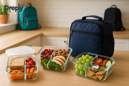 Three glass bento-style lunch containers filled with healthy meals for kids, teens, and adults, displayed on a sunny kitchen counter next to an insulated lunch bag — part of Preply’s smart lunch solution collection.