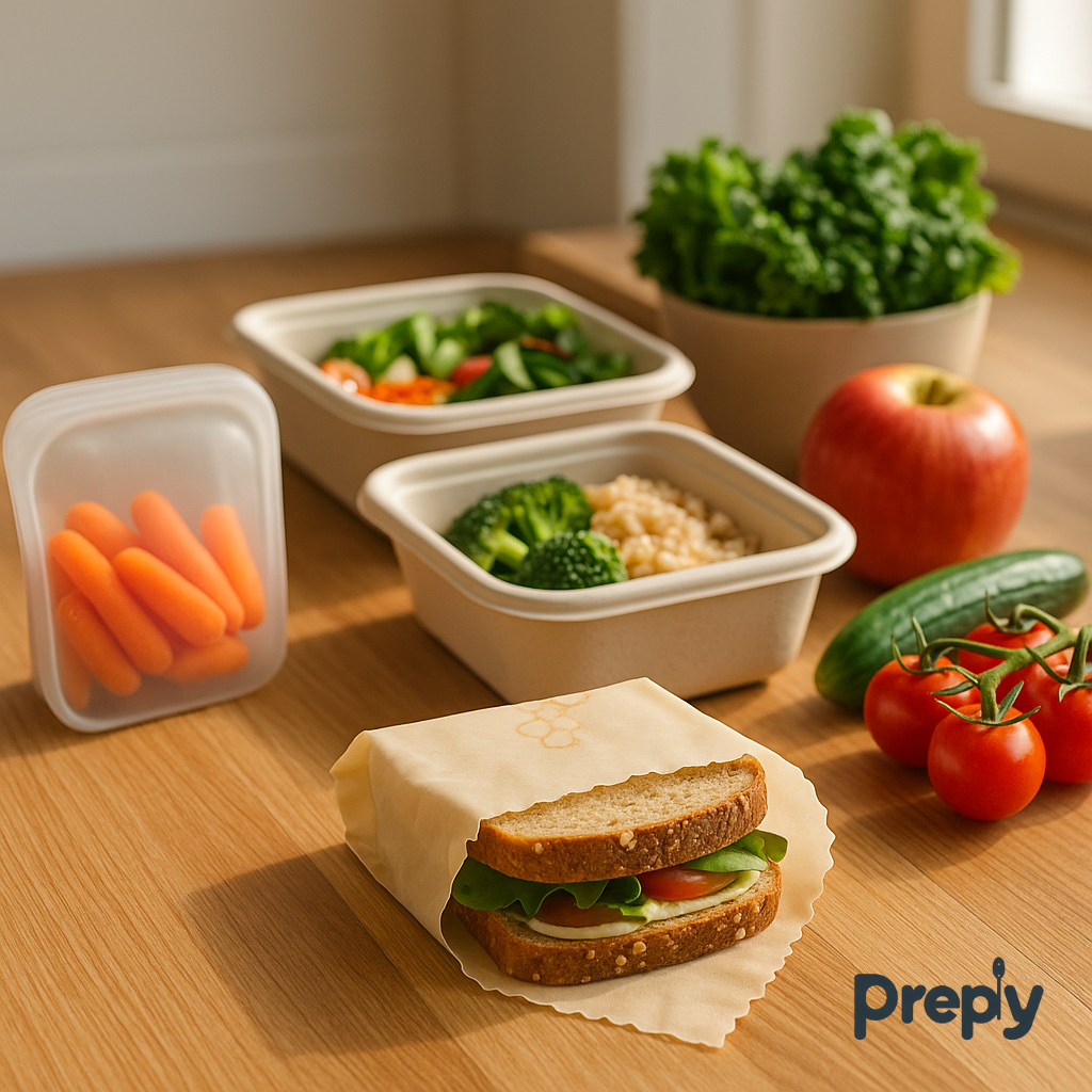 Eco-friendly meal prep setup with Preply compostable containers, reusable silicone bag of carrots, and beeswax-wrapped sandwich on a wooden kitchen table with fresh vegetables and fruits in natural sunlight